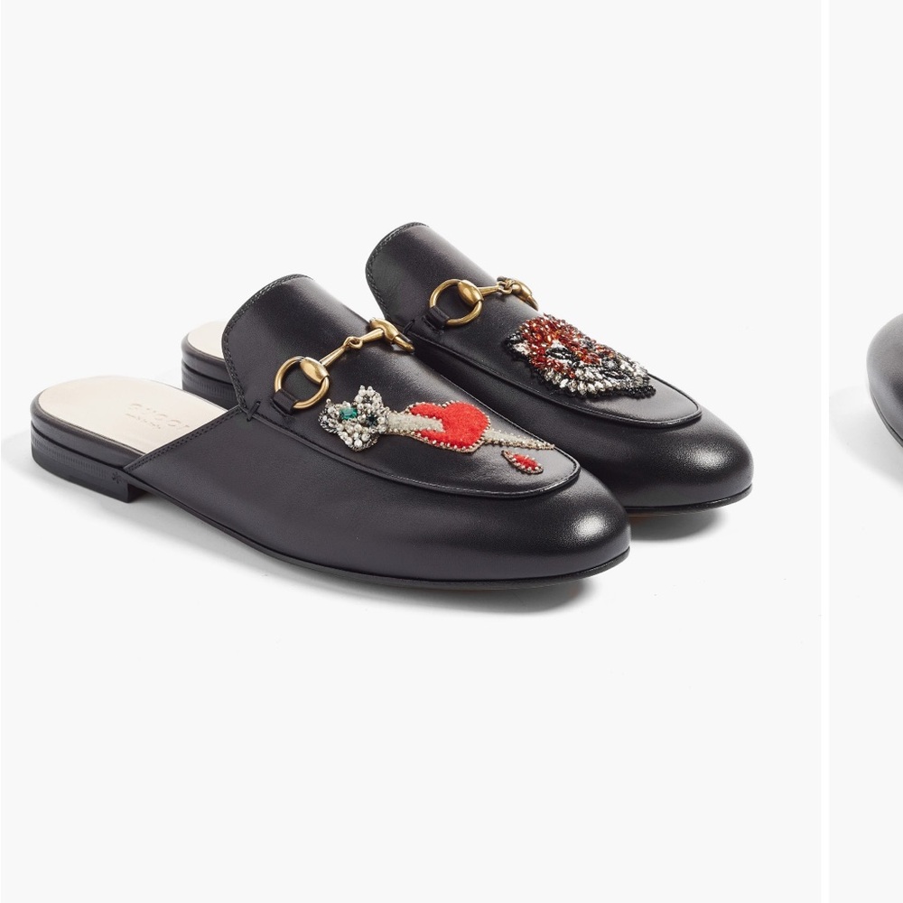Gucci Black Princetown Mules with Embroidered Tiger and Heart - Picture 3 of 13
